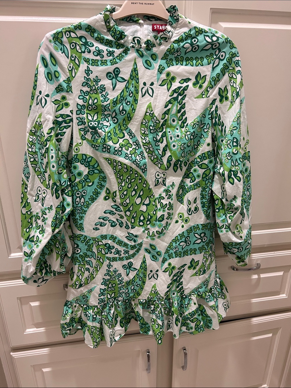 STAUD Staud Carolina Ruffle Mini dress green paisley size 8 - Picture 9 of 11